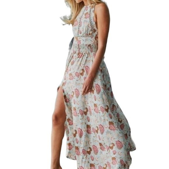 Jaase Endless Summer Blue Green Floral Halter Top Maxi Dress Cutout Back Size M - Picture 3 of 8